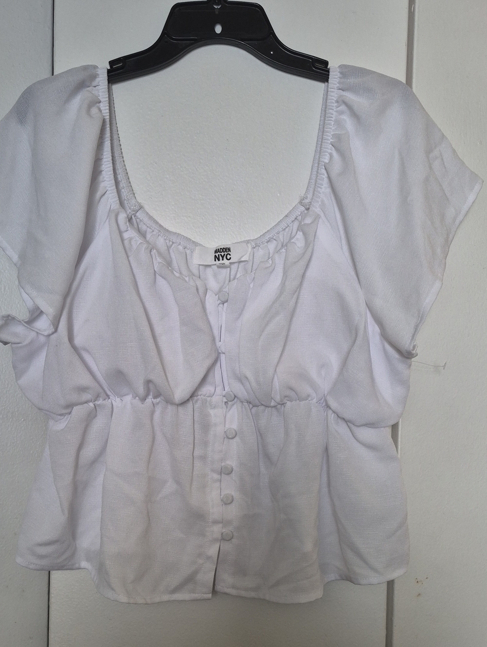 Madden NYC White Button-Front Peasant Blouse